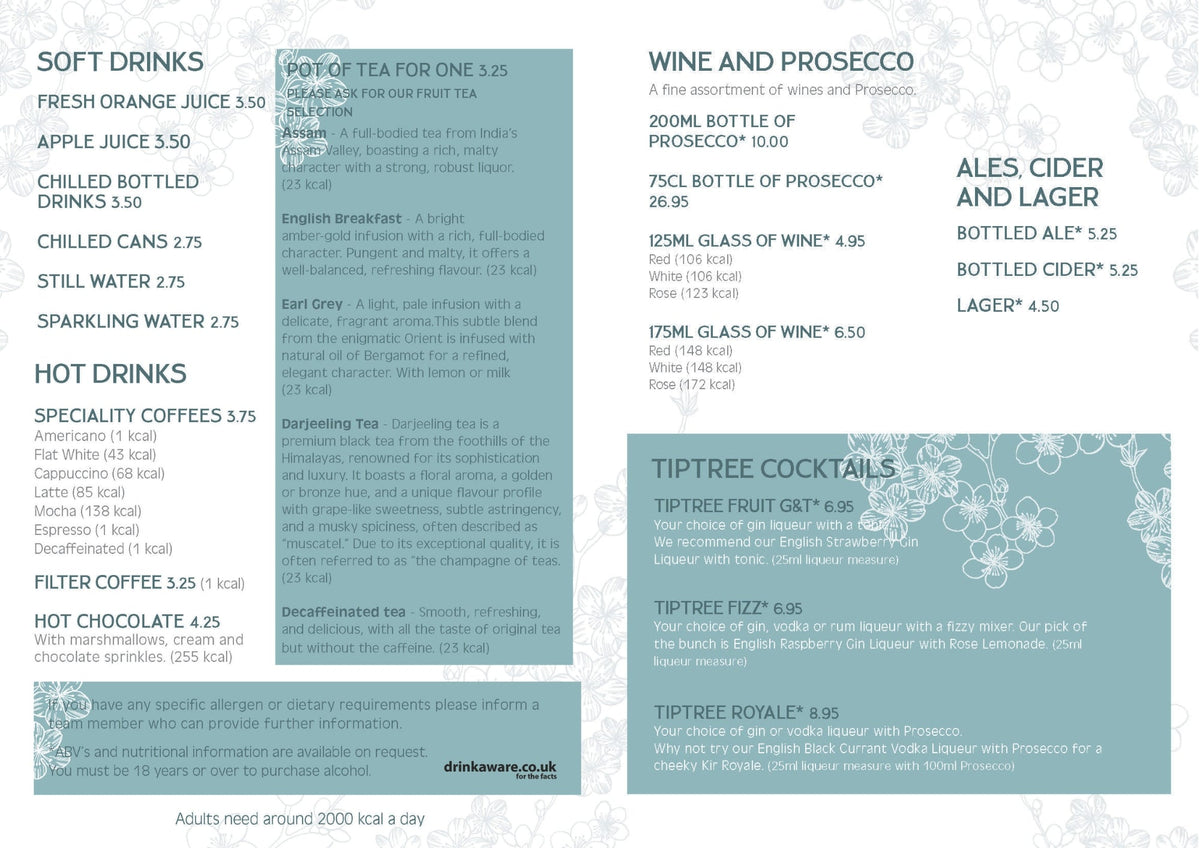Tiptree Tea Rooms Drinks Menu