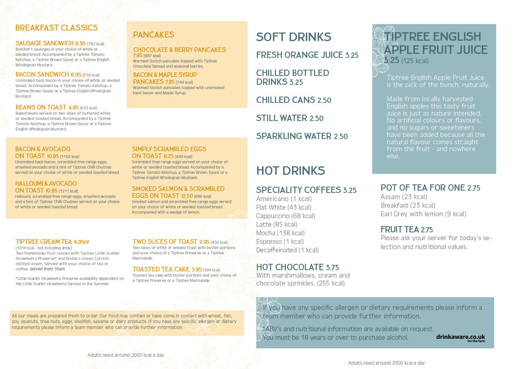 Tiptree Tea Room at Osea Leisure Park Breakfast Menu